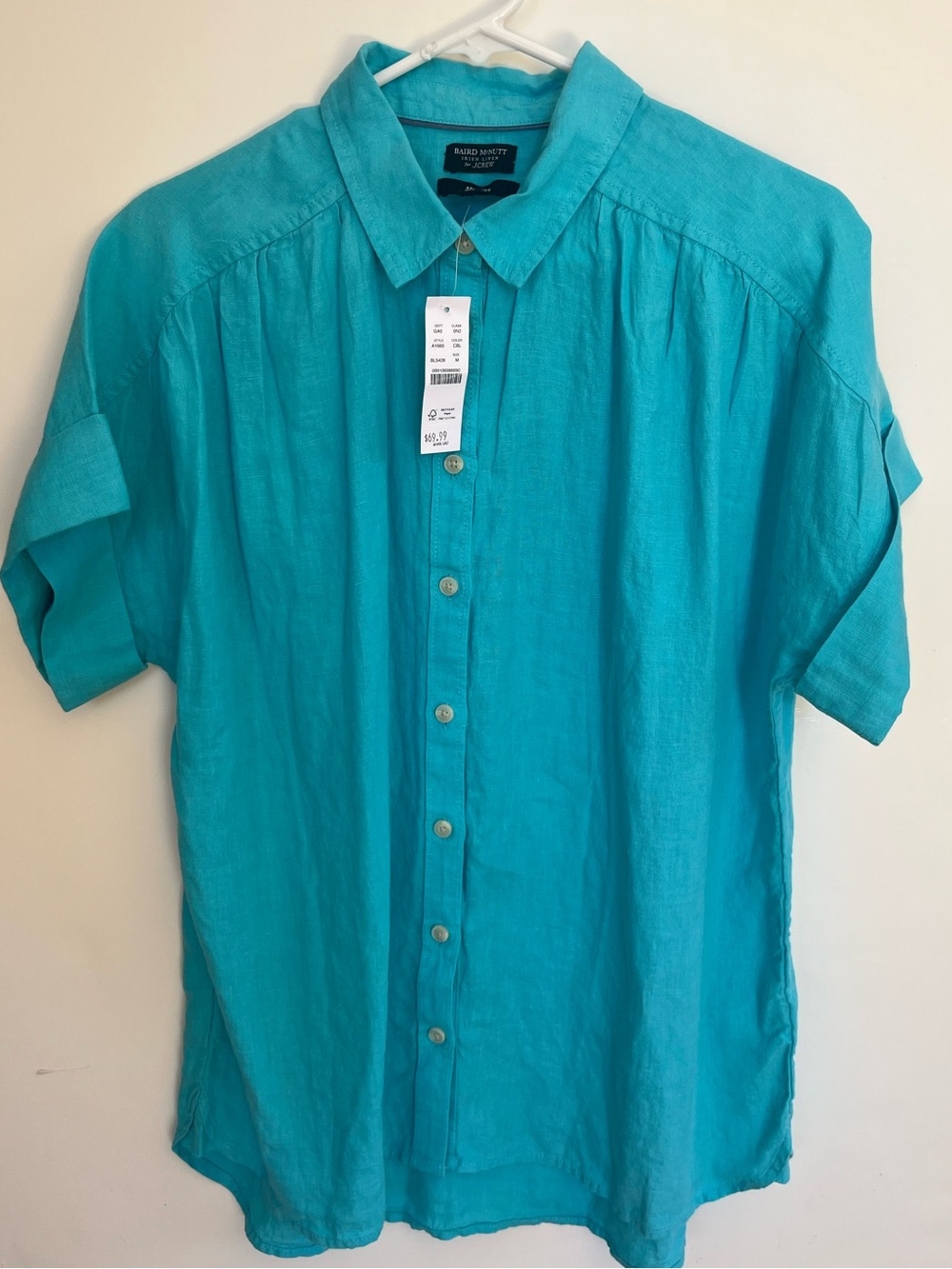 NWT JCREW Baird McNutt turquoise blue relaxed linen shirt M